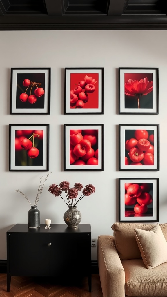 A gallery wall featuring cherry red artwork in black frames above a stylish black cabinet with decorative items.