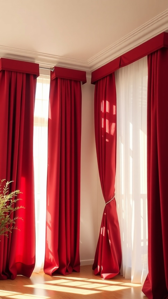 Room with cherry red curtains and bright sunlight