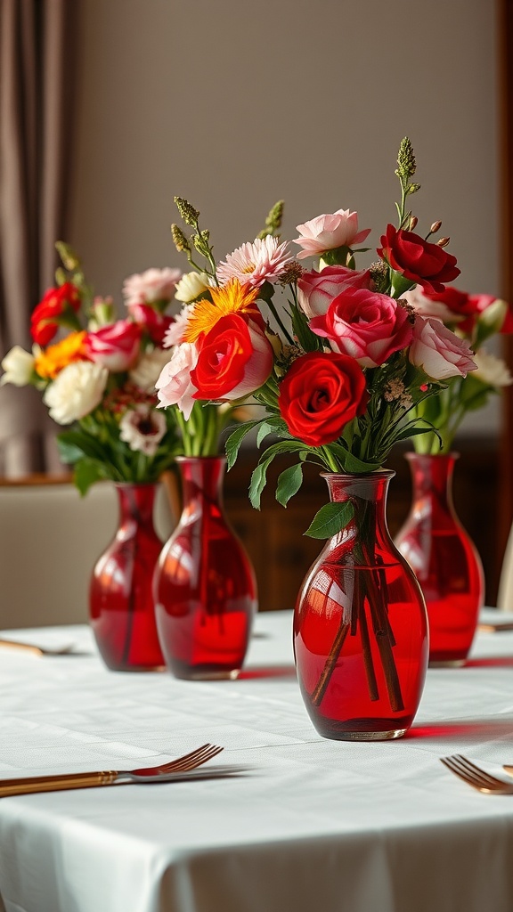 A collection of cherry red decorative vases filled with colorful flowers on a dining table.