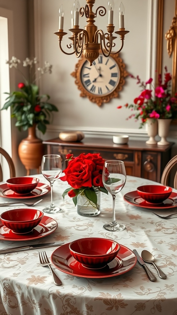 A beautifully arranged table setting featuring cherry red plates, bowls, and glasses, with a floral centerpiece of red roses.