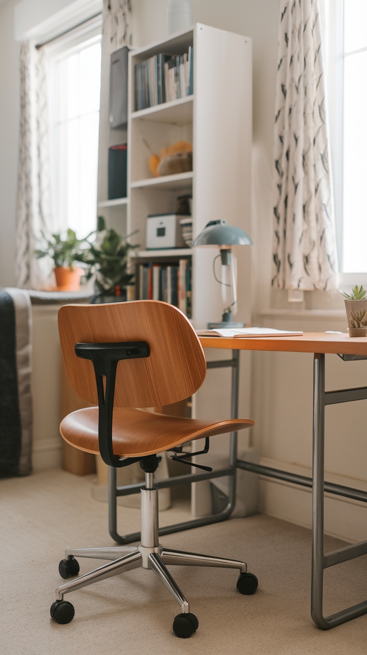 A chic wooden desk chair with a metal base in a cozy dorm setting.