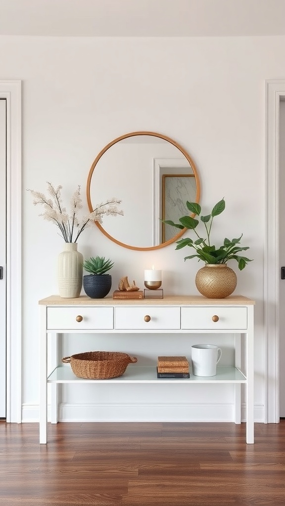 A chic console table arrangement featuring plants, candles, and decorative items.