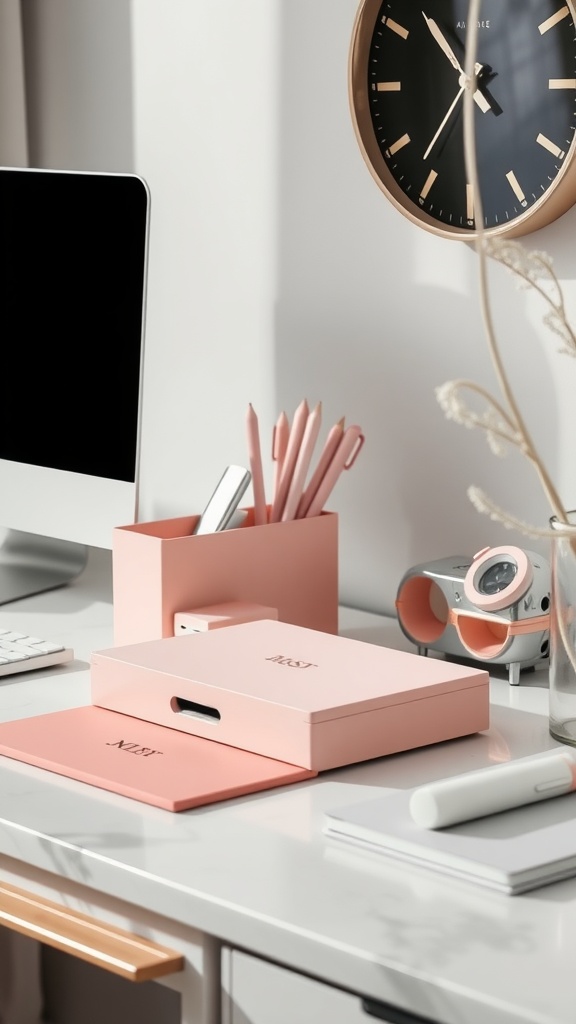 Chic desk organizers in soft pink tones, featuring a stylish watch and stationery, enhancing a bright home office setting.