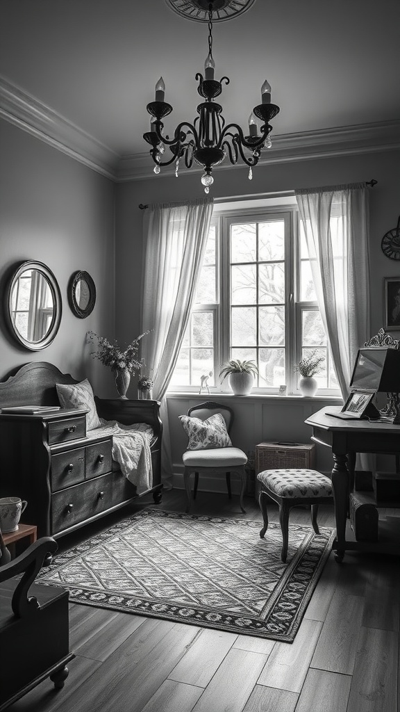 A beautifully designed black and white bedroom featuring vintage furniture and a chandelier.
