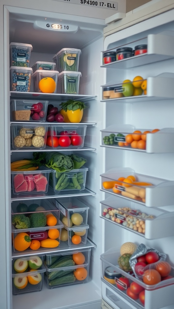 Organized fridge with clear storage bins containing fruits, vegetables, and snacks.