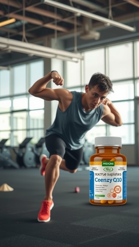 A fit young man exercising in a gym with a bottle of Coenzyme Q10 supplement.