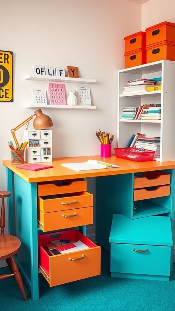 Color-coded desk organization in a small home office, featuring bright blue, orange, and pink storage solutions.