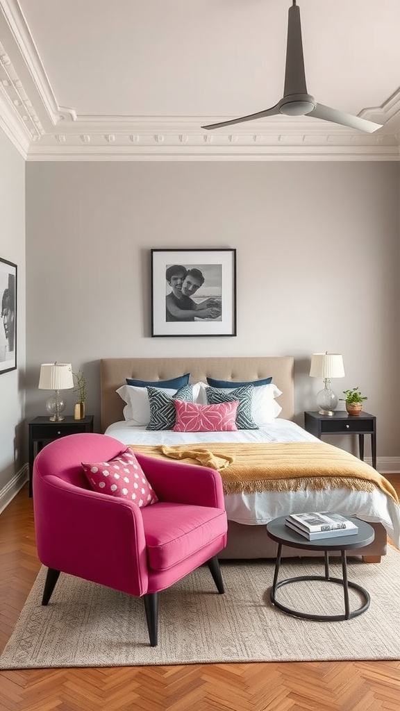 A stylish bedroom featuring a beige bed, colorful pillows, a pink chair, and a neutral color palette