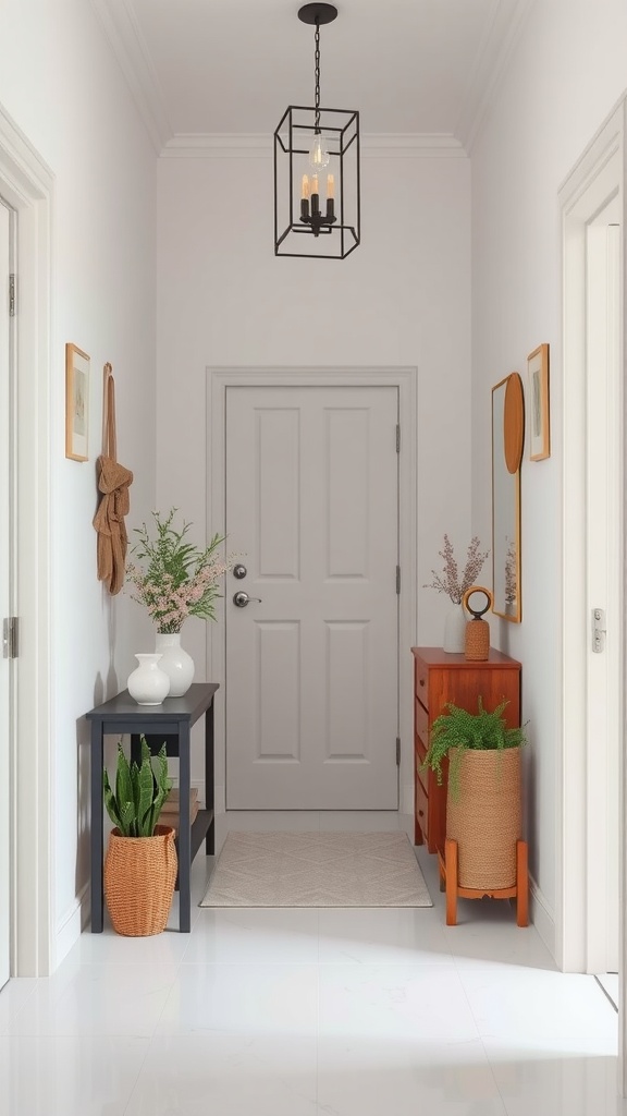A bright and airy entryway with soft colors and stylish decor.