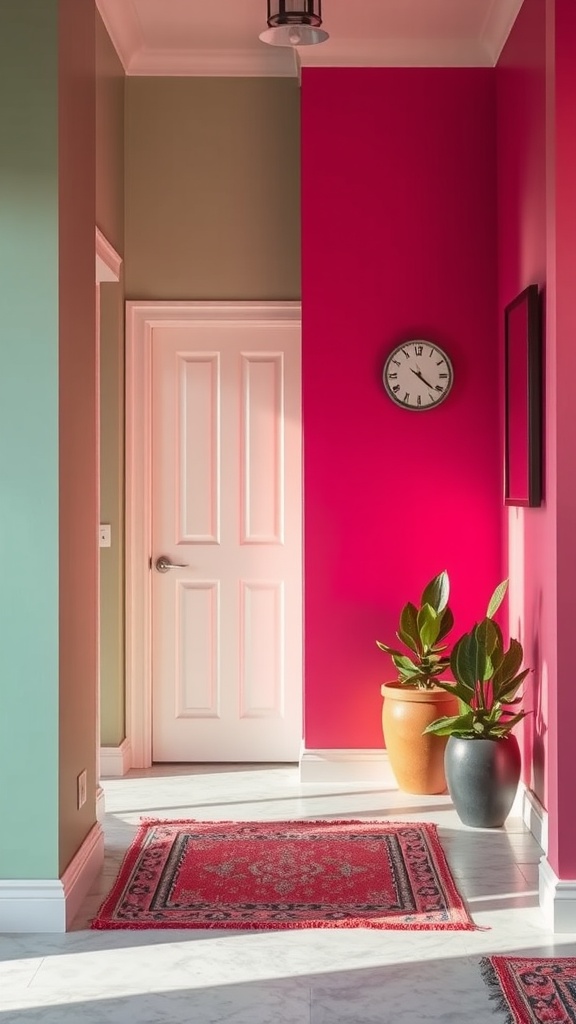 A vibrant pink accent wall in an entryway with decorative plants and a rug.