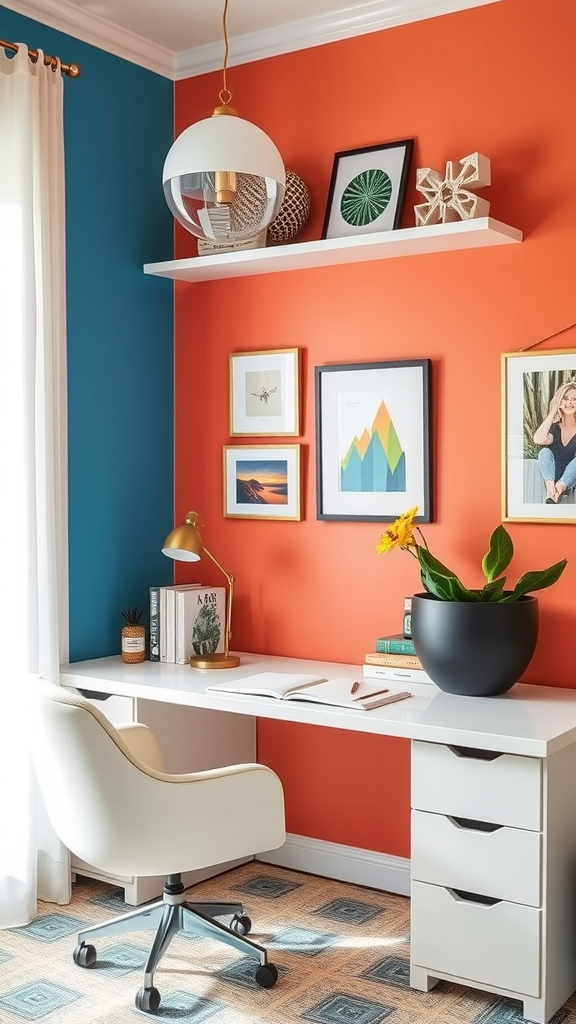 A bright home office featuring a turquoise accent wall and an orange wall, with stylish decor and a desk.