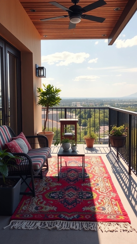 A balcony featuring colorful outdoor rugs, plants, and seating.