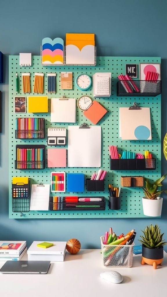Colorful pegboard with various tools, pens, and supplies organized on a wall above a desk.