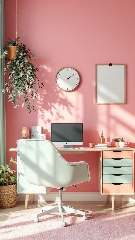 A stylish home office featuring a pink wall, sage green accents, and modern furniture.