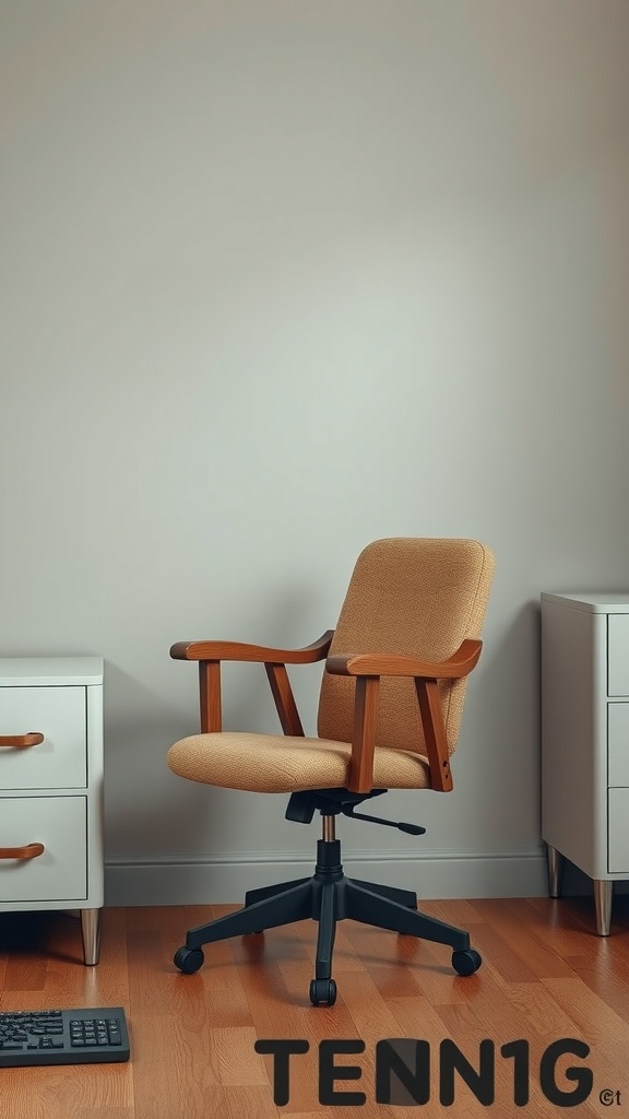 A comfortable office chair with wooden arms in a modern farmhouse home office setting.