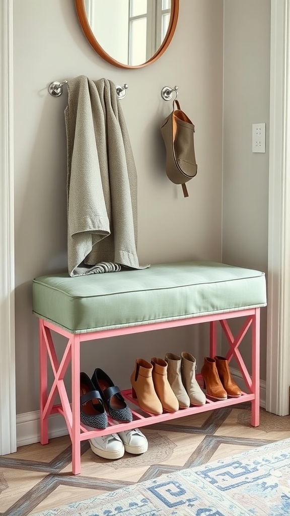 Compact shoe storage solution featuring a bench with shelves beneath, holding various pairs of shoes.