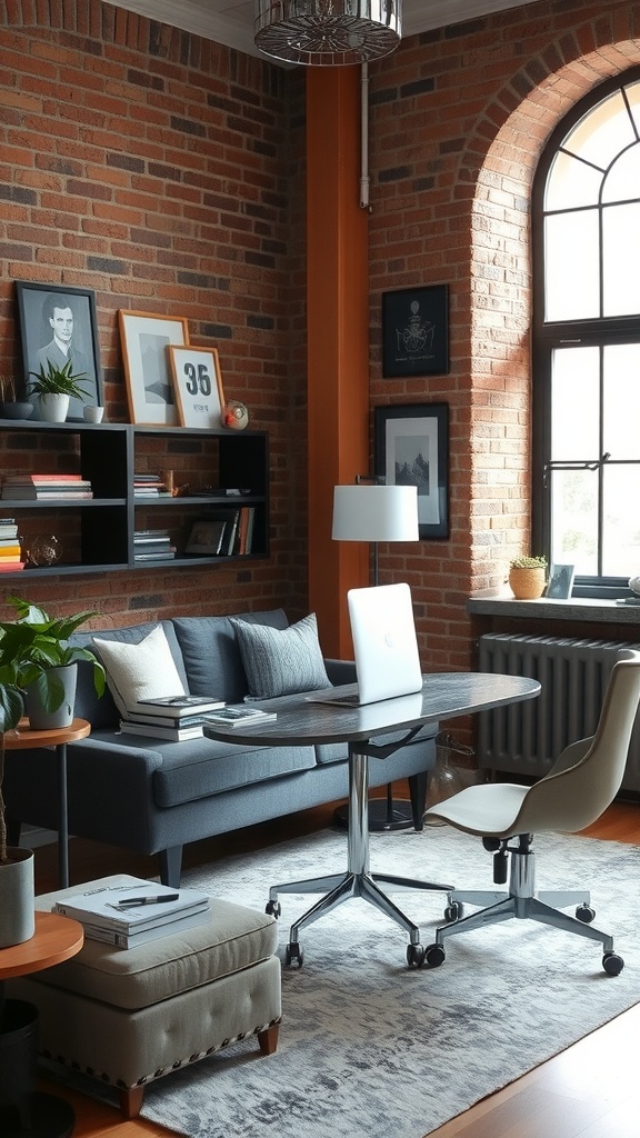 A contemporary industrial sitting room office combo featuring exposed brick walls, a modern desk, and cozy seating.