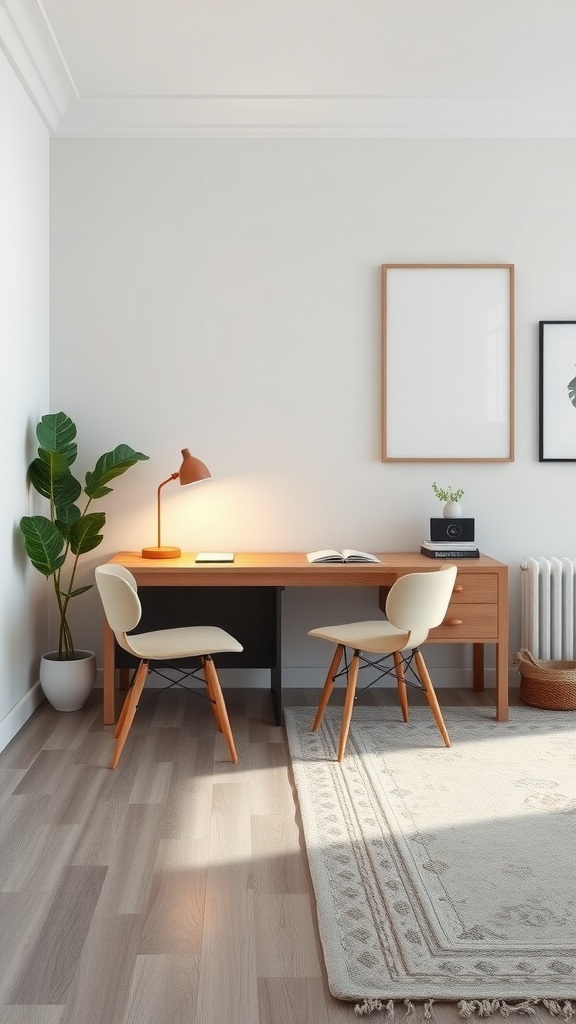 A stylish small home office setup with a wooden desk, two chairs, and a plant.