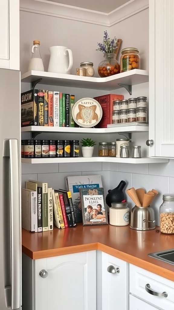 A cozy kitchen corner with white shelving units displaying books, spices, and jars.