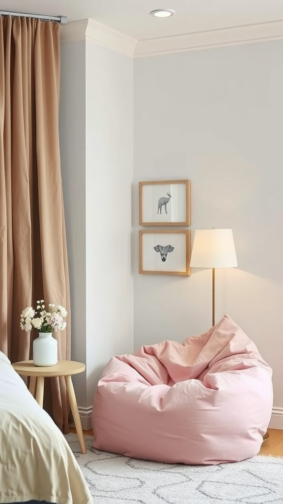 A cozy corner featuring a pink bean bag chair and a small table with flowers.