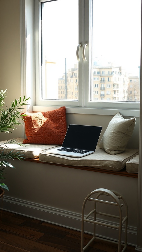 A cozy window seat with cushions and a laptop, surrounded by natural light.