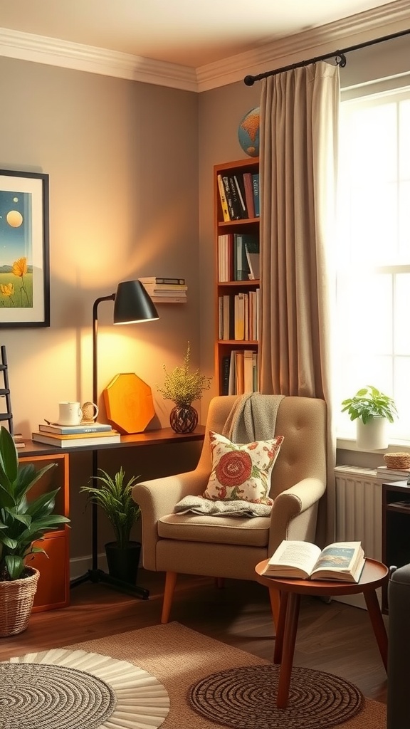 A cozy reading nook featuring a comfortable chair, soft lighting, and a bookshelf.