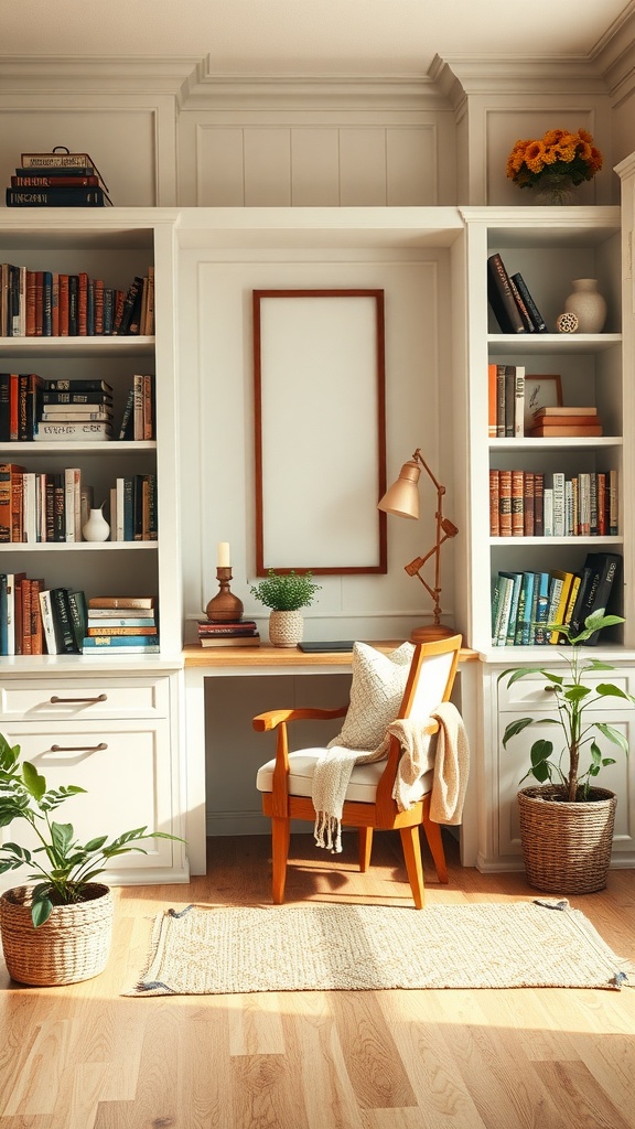 A cozy reading nook in a farmhouse home office with a wooden chair, bookshelves, and indoor plants.