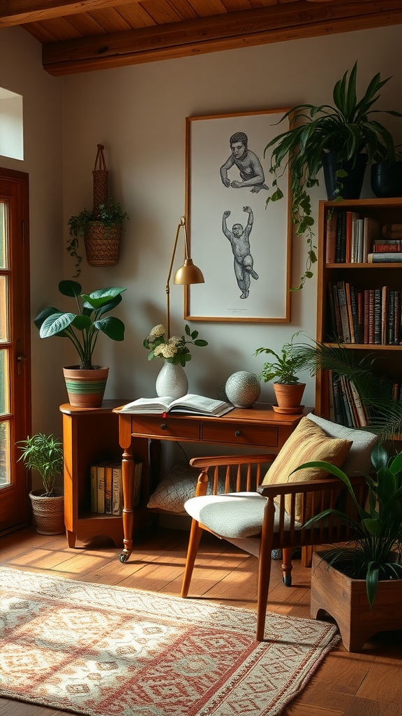 A cozy reading nook featuring a wooden desk with a lamp, a comfortable chair, and potted plants.