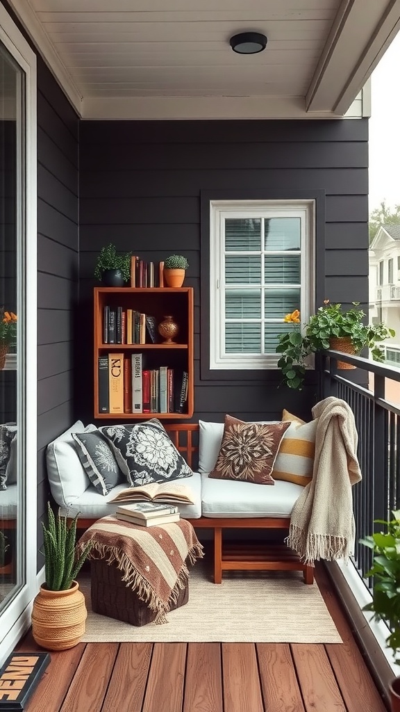 A cozy balcony reading nook with a wooden couch, colorful pillows, a small bookshelf, and potted plants.