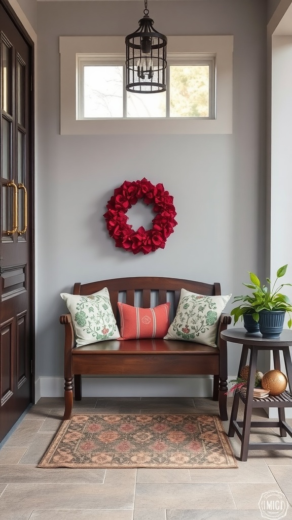 Entryway with a wooden bench adorned with pillows, a small table, and a decorative wreath on the wall.
