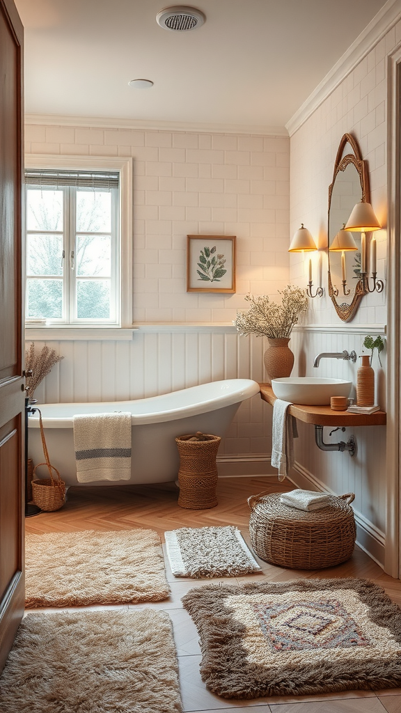 A cozy bathroom featuring a plush rug, soft towels, and warm lighting.
