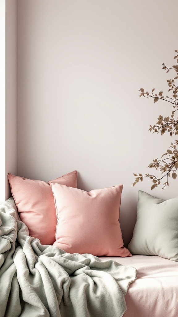 A cozy arrangement of pink and sage green pillows on a soft surface.
