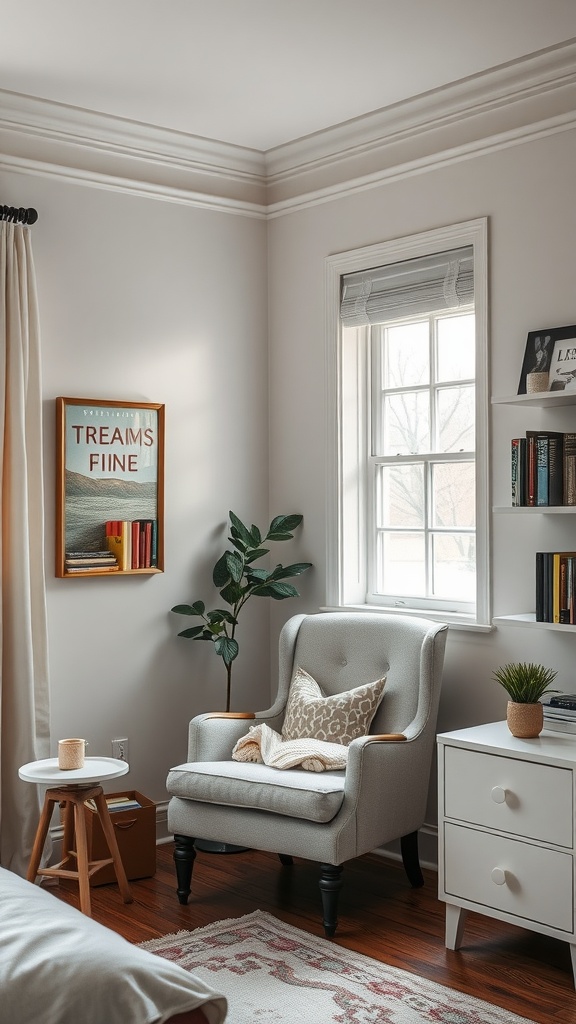 Cozy reading nook in a bedroom with a chair, blanket, books, and plants.