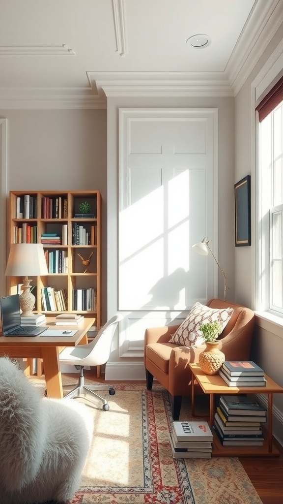 A bright and feminine home office with a cozy reading nook featuring a chair, side table, and bookshelf.