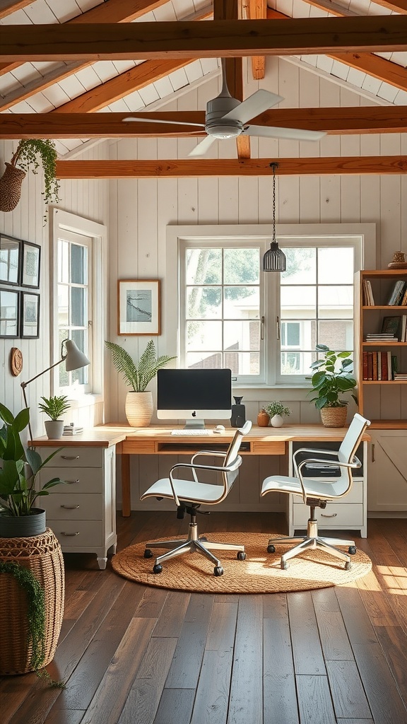 Cozy farmhouse home office with modern furniture and plants