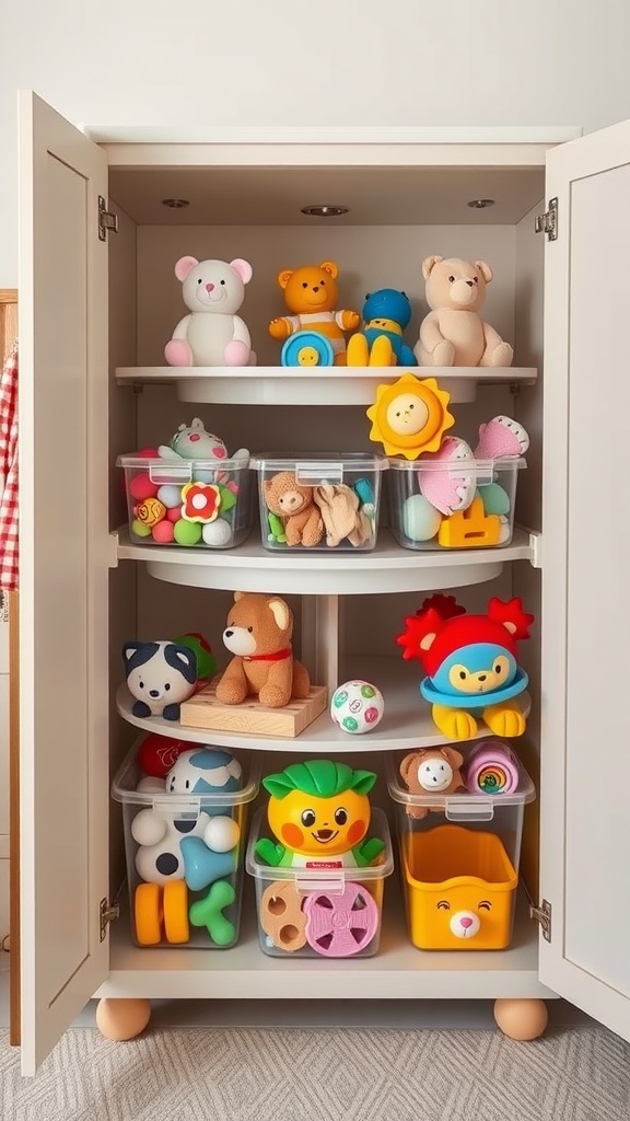 A neatly organized baby toy cabinet with plush toys and colorful bins.