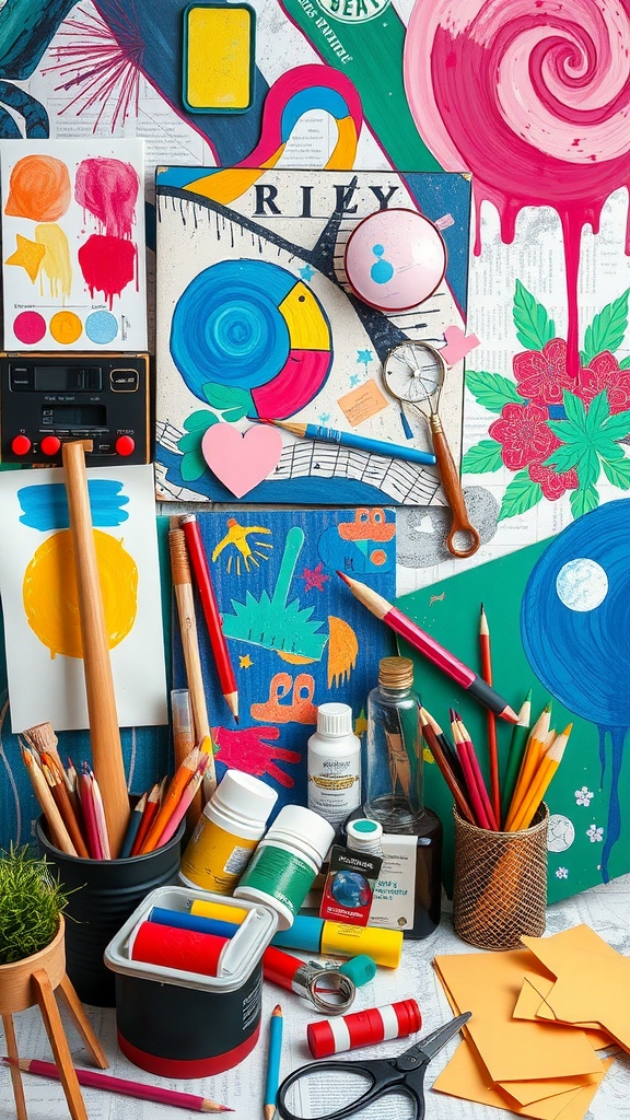 A vibrant collection of art supplies and colorful artwork, showcasing creative arts and hobbies.