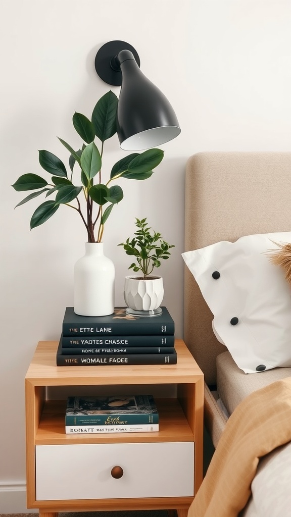 A modern bedside table arrangement with books, plants, and a lamp.