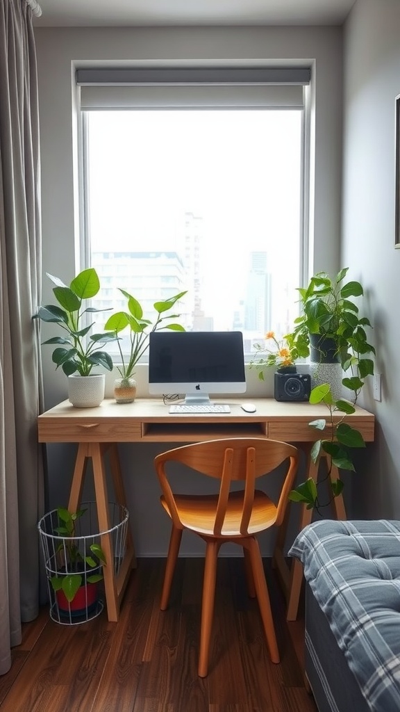 A cozy corner office setup with a wooden desk, an orange chair, and several indoor plants.