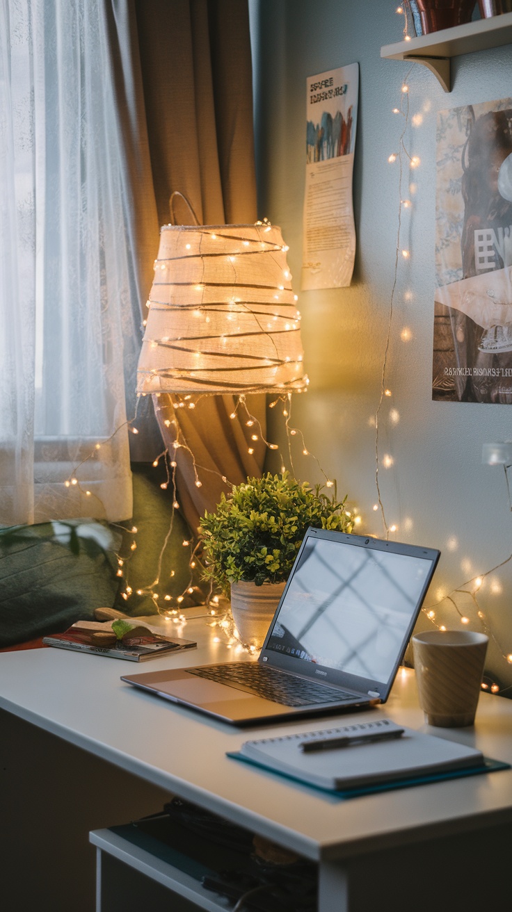A cozy dorm desk with string lights, a lamp, a laptop, and a plant.