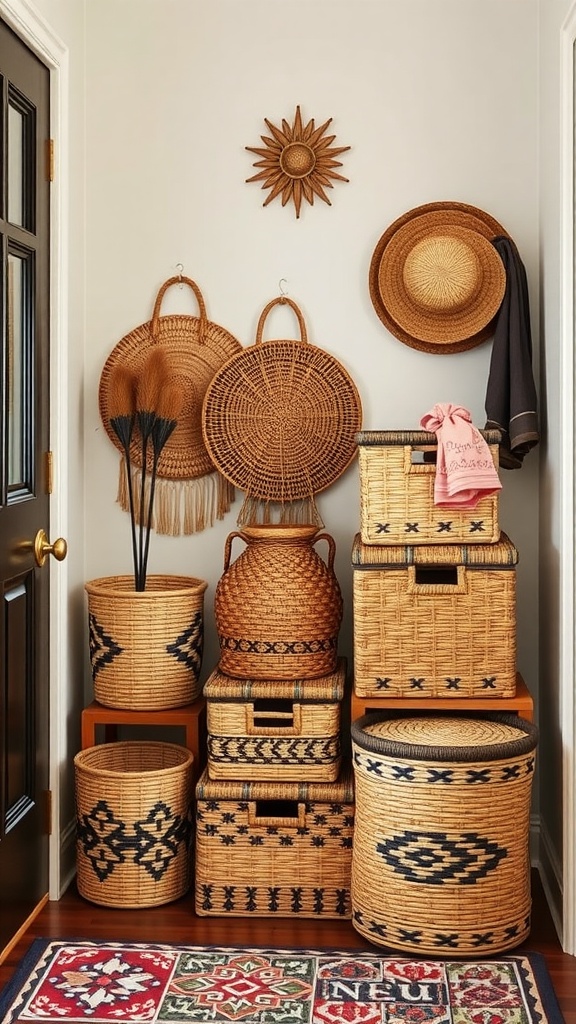 Stylish entryway featuring various decorative storage baskets.
