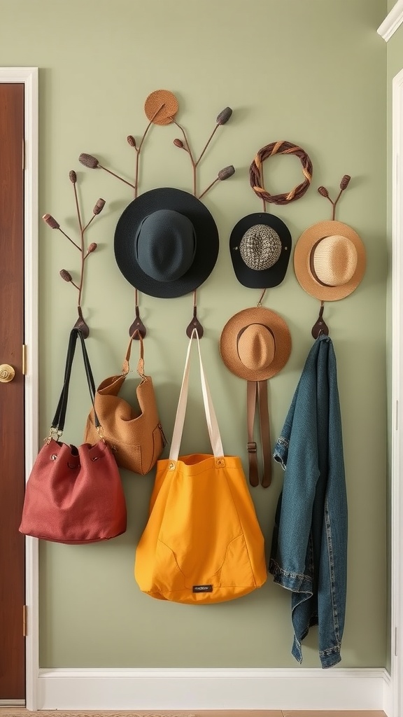 A wall with hooks displaying hats, bags, and coats, showcasing an organized entryway.