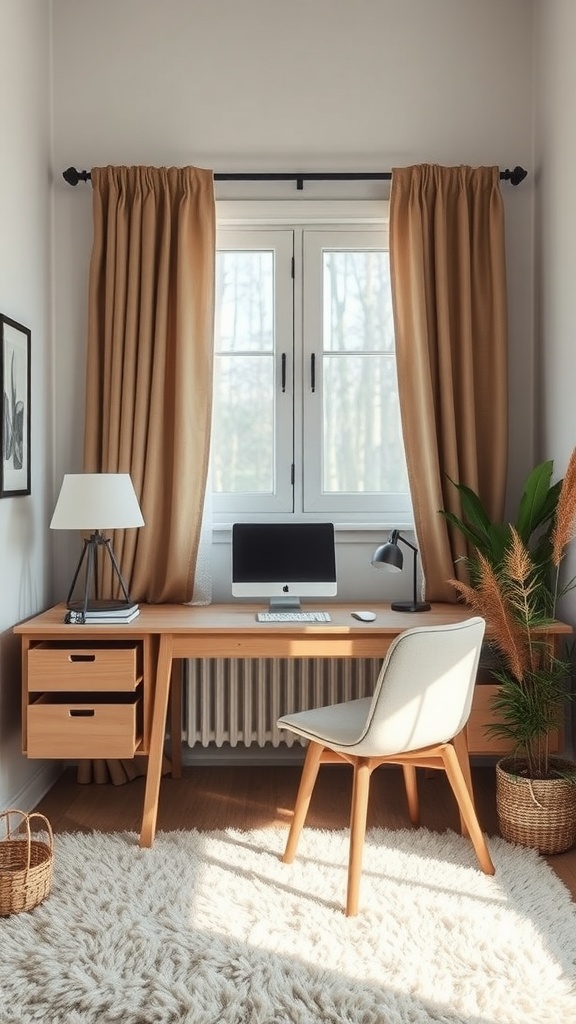 A modern home office with warm curtains, a cozy rug, and a wooden desk