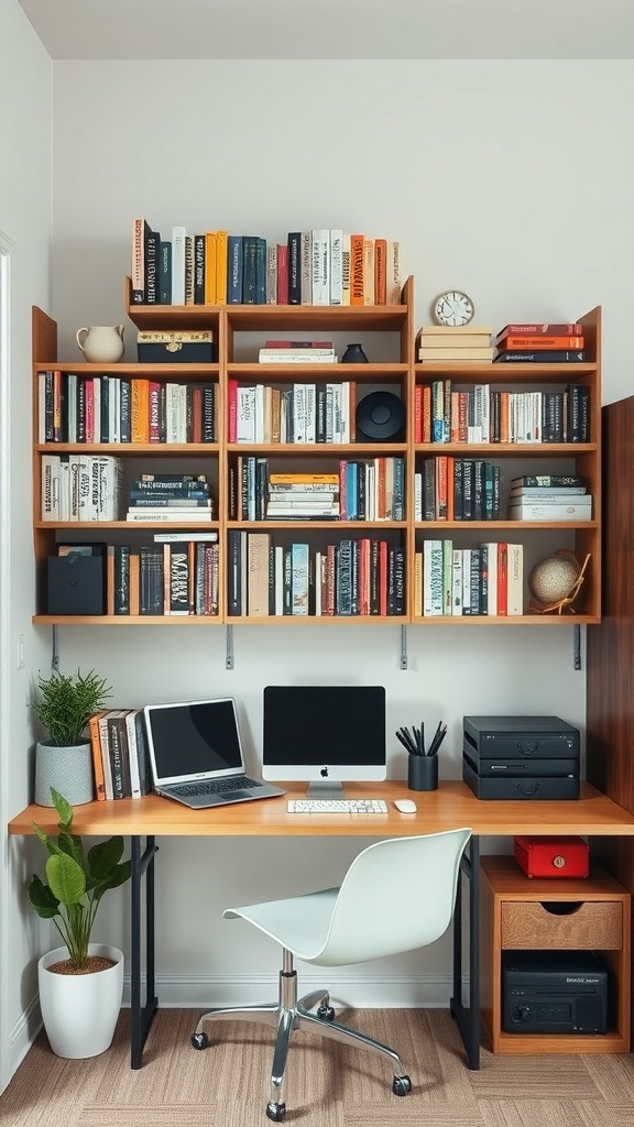 A small home office featuring shelves filled with books above a wooden desk with a computer and plant.