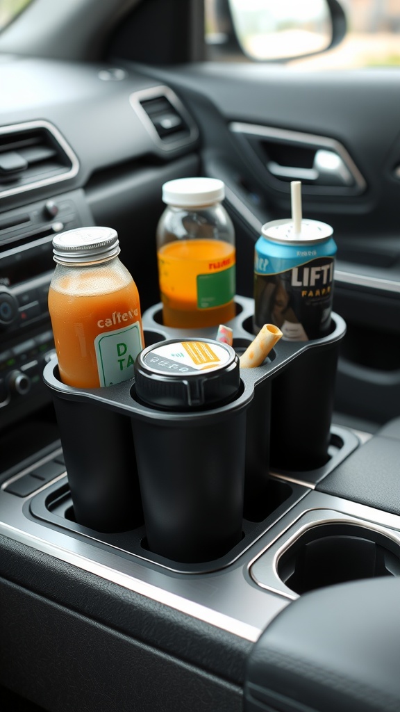 An assortment of cans, drinks, and snacks in a car cup holder with an expander.