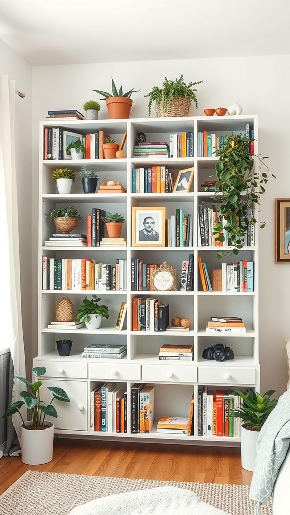 A styled bookshelf featuring books, plants, and decorative elements in a cozy bedroom setting.