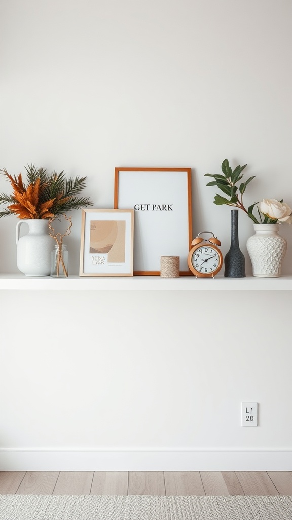 A minimalist shelf display featuring a mix of plants, art, and decorative objects.