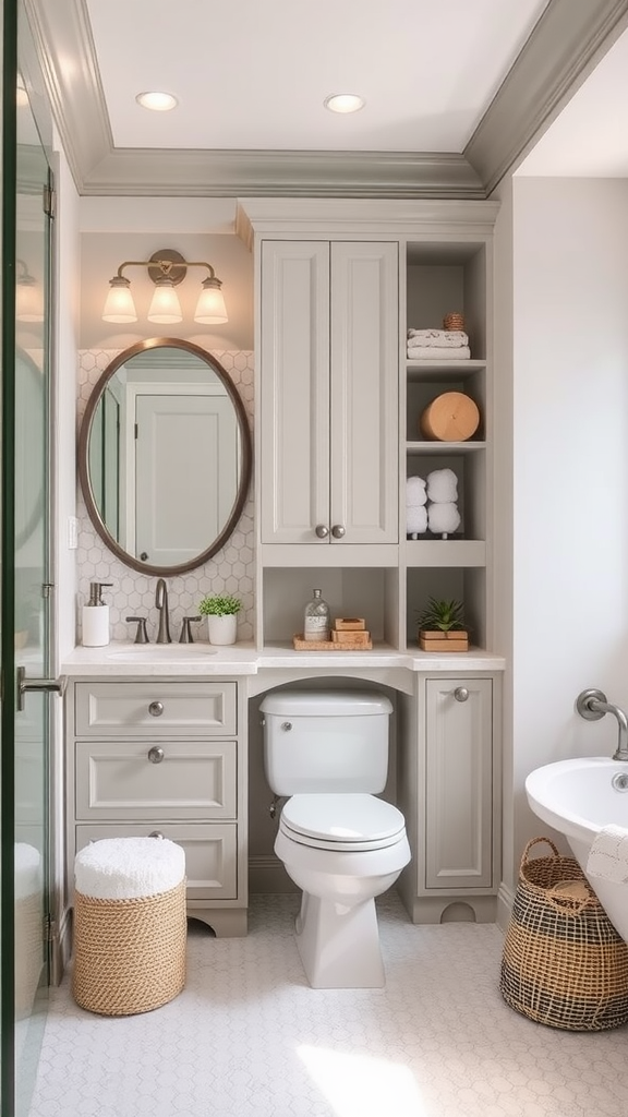 A chic bathroom featuring custom built-in storage with neatly arranged towels and a beautiful bathtub.