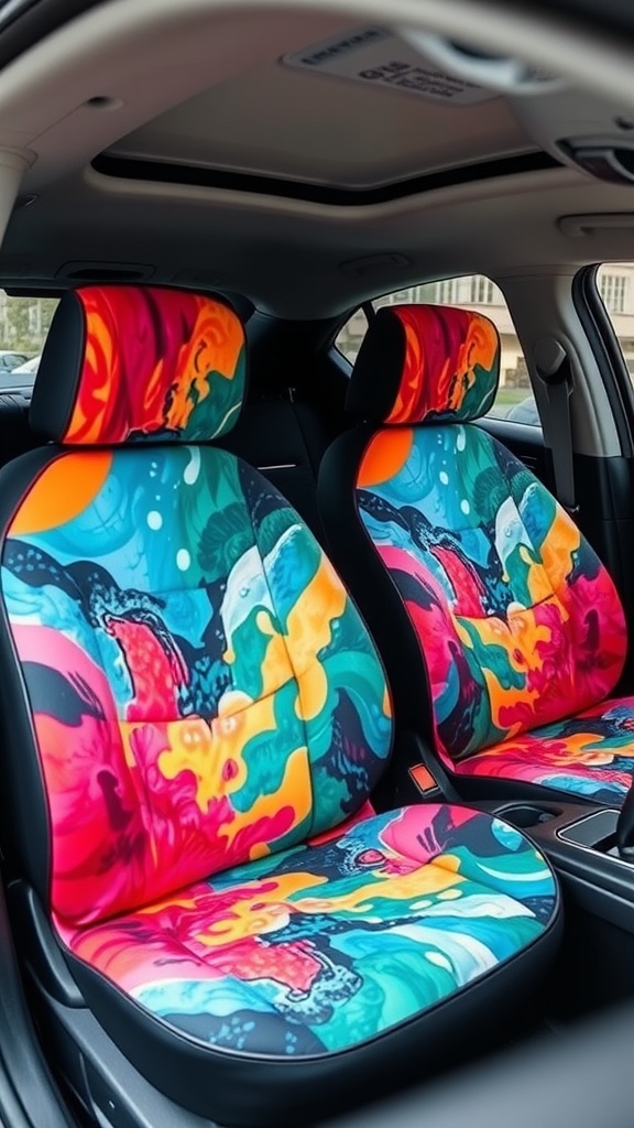 Colorful and customizable car seat covers in a vehicle interior