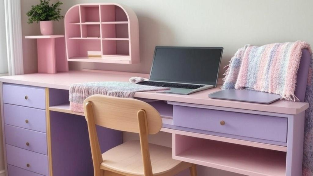 pastel color dorm desk